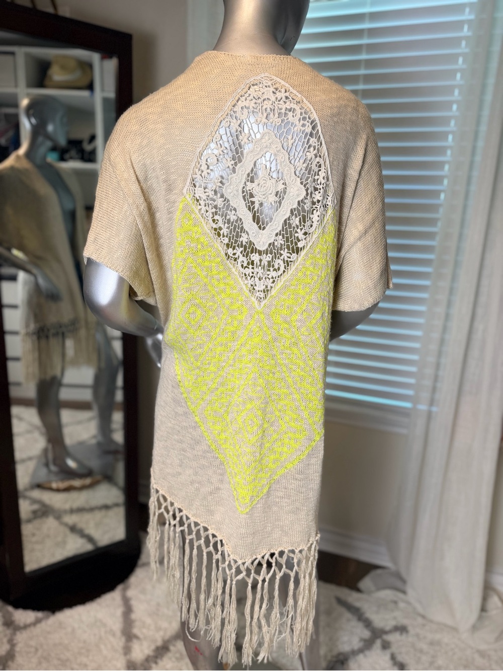 Blu Pepper Fringe Lace Neon Yellow Back Boho Kimono Cardigan Medium Cottagecore